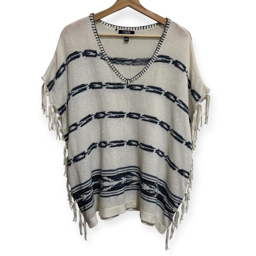 Chaps Cotton Linen Southwest Fringe Poncho sweater
